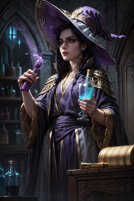 magv1ll, beautiful whitch, black hair, purple ornate robe, hat, round eyewear, dark room, dark atmosphere, glowing potion bottle <lora:sxz-mtg:0.7>