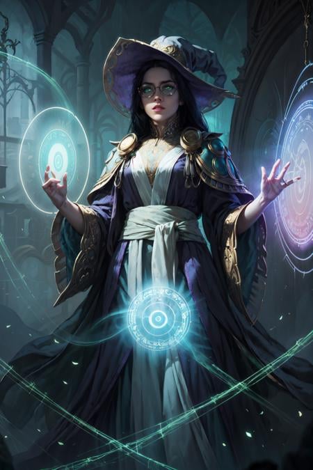 magv1ll, beautiful whitch, black hair, purple ornate robe, hat, round eyewear, glowing green eyes, dark room, dark atmosphere, magic circles, spider web <lora:sxz-mtg:0.7>