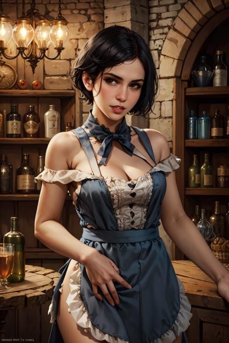 magv1ll, waitress lady in torn apron, bare shoulders, short black hair, parted lips, teasing, naughty face, medieval tavern indoors, bottles, table, shelf, fantasy <lora:sxz-mtg:0.7>