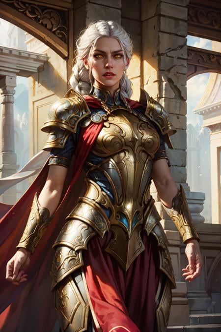 magv1ll, cowboy shot of paladin lady, ornate armor, ornate pauldrons, glowing yellow eyes, white hair, braid, red cape, temple indoors <lora:sxz-mtg:0.7>