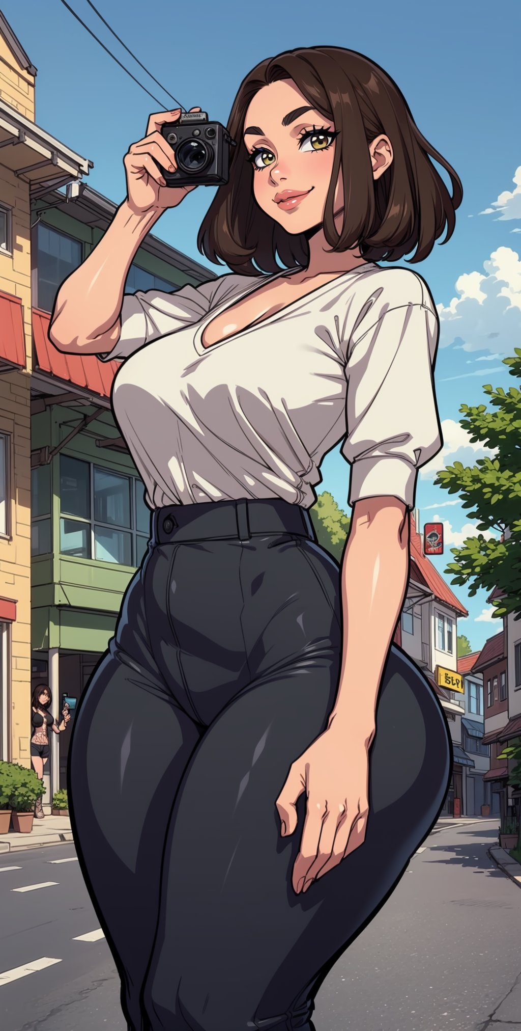 1girl, (solo:1.2), (standing:1.3), (posing for the camera:1.3), (cowboy shot:1.5), smile, happy, at ease, (curvy:1.2), (masterpiece:1.3), (best quality:1.3), (perfect anatomy:1.4), highly detailed,  agawa, vibrant colors, warm palette, expressive, solid shading, clean lineart, (gigantic breasts:1.4), (brown hair:1.3), beautiful face, beautiful eyes, (curvy:1.4), long hair, (casual attire:1.5), shirt, loose fit, (small town:1.3), street, daylight, blue sky, western architecture