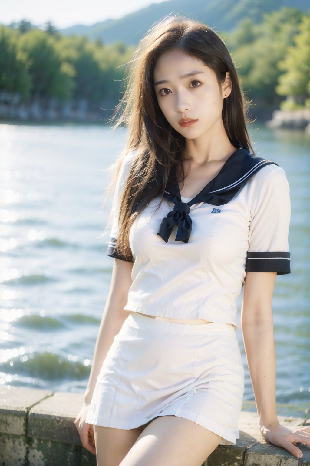 A girl with long black hair,  white short-sleeved sailor suit,  light short skirt,  sunset,  lake, highest quality,  masterpiece,  exquisite CG,  highlights,  natural light,  hyperrealism,  cinematic light texture, beautiful, beautiful body, beautiful eyes, <lora:EMS-70321-EMS:1.000000>