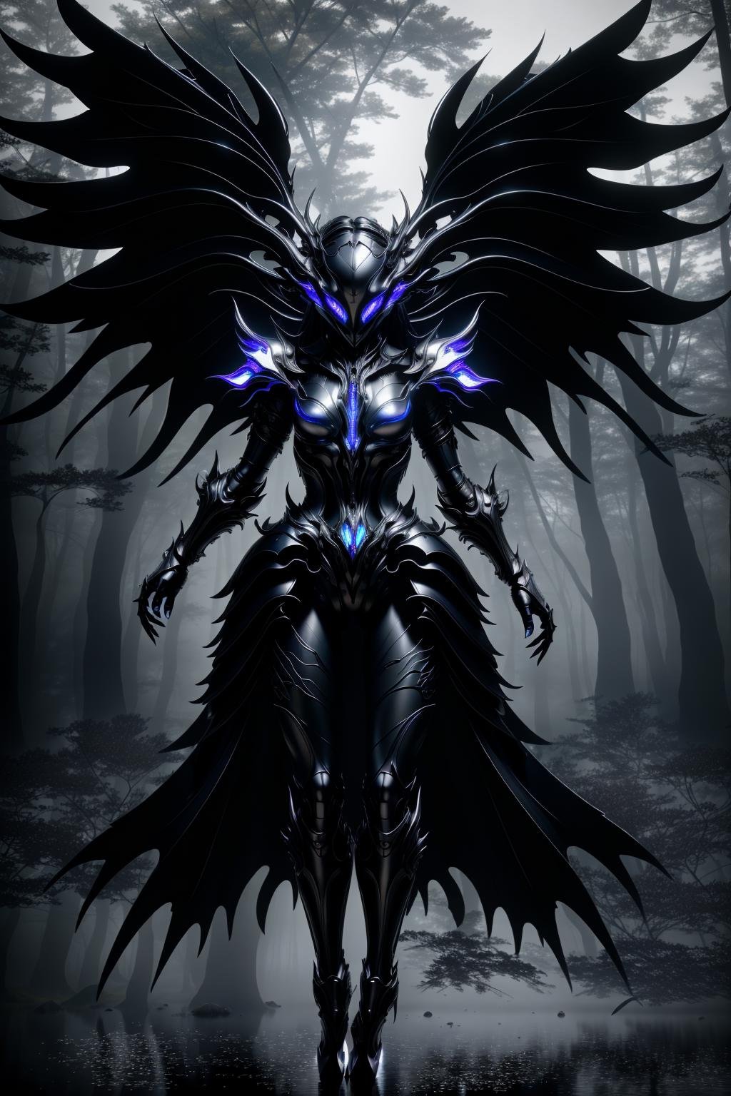 <lora:dmnrmr_v1:0.8>masterpiece, highly detailed photorealistic 8k raw photography, best cinematic quality, volumetric lighting, volumetric shadows1girl in reflective dmnrmr, symmetrical metallic demon wings, claws, Pretending to be a statue A haunted forest, where twisted trees and fog create an ominous atmosphere