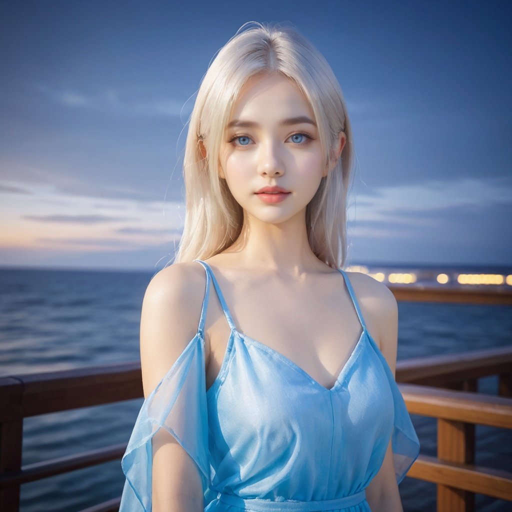 realistic,real skin,Goddess,camisole,tippet,seaside,1 girl,white hair,long hair,blue_eyes,gauze scarf,gauze shirt,organdie,dress,huansha,Flutter in the wind,neon_dress,<lora:Hosino1.0-000006:0.5>,