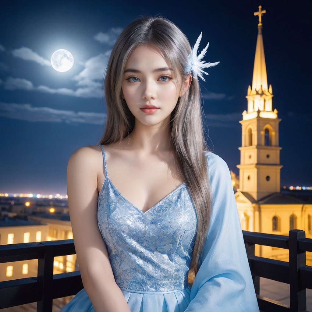 masterpiece, best quality, ((masterpiece)), flat chestbest quality, (highres), solo, flat chest, a girl inside the church with white hair and blue pupil surrounded by (many) glowing (feathers) in cold face, detailed face, night with bright colorful lights whith richly layered clouds and clouded moon in the detailed sky, (a lot of glowing particles),long hair,cool movement, (filigree), delicate and (intricate) hair, ((sliver)) and (broken) body, blue streaked hair, full body, depth of field, sitting on a (blue star), bishoujo,full body,no shoes,foot,<lora:Hosino1.0-000006:0.5>,