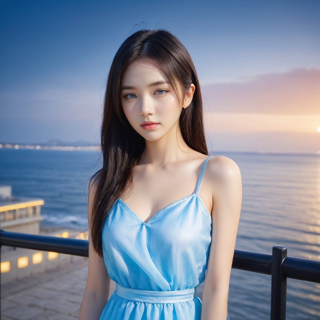 realistic,real skin,Goddess,camisole,tippet,seaside ,1 girl,white hair,long hair,blue_eyes,gauze scarf, gauze shirt,organdie,dress, huansha, Flutter in the wind,neon_dress<lora:Hosino1.0-000006:0.5>,