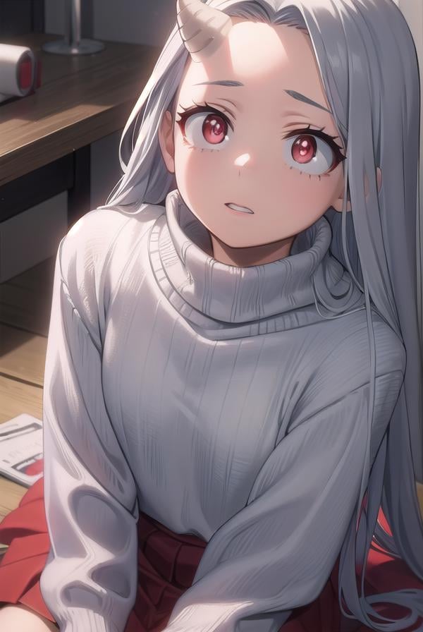 academiaeri, <lyco:eri-lyco-nochekaiser:1>, eri, long hair, (red eyes:1.5), grey hair, horns, child, single horn, female child,BREAK skirt, long sleeves, socks, sweater, red skirt, turtleneck, slippers,BREAK looking at viewer,BREAK indoors,BREAK <lyco:GoodHands-beta2:1>, (masterpiece:1.2), best quality, high resolution, unity 8k wallpaper, (illustration:0.8), (beautiful detailed eyes:1.6), extremely detailed face, perfect lighting, extremely detailed CG, (perfect hands, perfect anatomy),