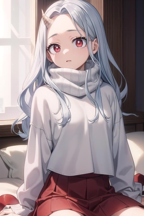 academiaeri, <lyco:eri-lyco-nochekaiser:1>, eri, long hair, (red eyes:1.5), grey hair, horns, child, single horn, female child,BREAK skirt, long sleeves, socks, sweater, red skirt, turtleneck, slippers,BREAK looking at viewer,BREAK indoors,BREAK <lyco:GoodHands-beta2:1>, (masterpiece:1.2), best quality, high resolution, unity 8k wallpaper, (illustration:0.8), (beautiful detailed eyes:1.6), extremely detailed face, perfect lighting, extremely detailed CG, (perfect hands, perfect anatomy),