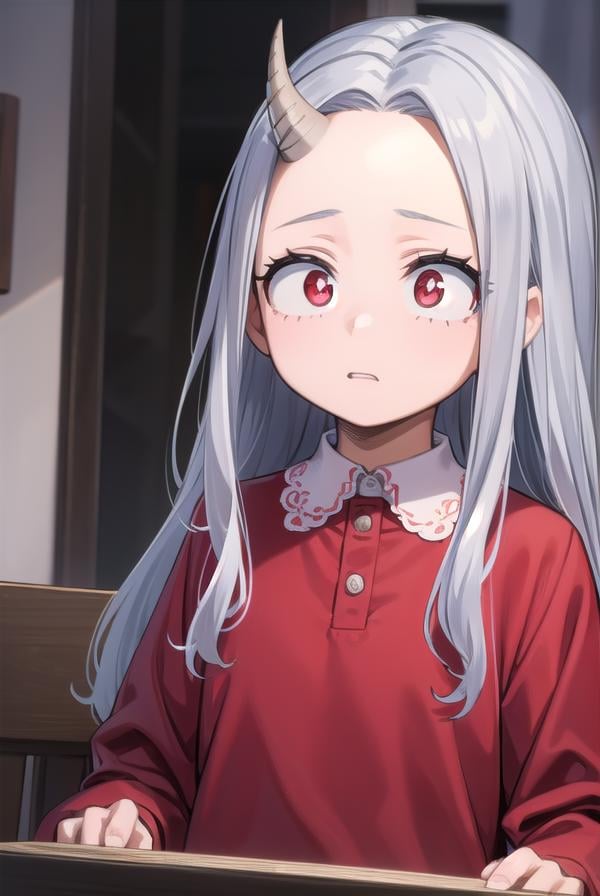 academiaeri, <lyco:eri-lyco-nochekaiser:1>, eri, long hair, (red eyes:1.5), grey hair, horns, child, single horn, female child,BREAK shirt, long sleeves, dress, white shirt, collared shirt, red dress, pleated dress,BREAK looking at viewer,BREAK indoors,BREAK <lyco:GoodHands-beta2:1>, (masterpiece:1.2), best quality, high resolution, unity 8k wallpaper, (illustration:0.8), (beautiful detailed eyes:1.6), extremely detailed face, perfect lighting, extremely detailed CG, (perfect hands, perfect anatomy),