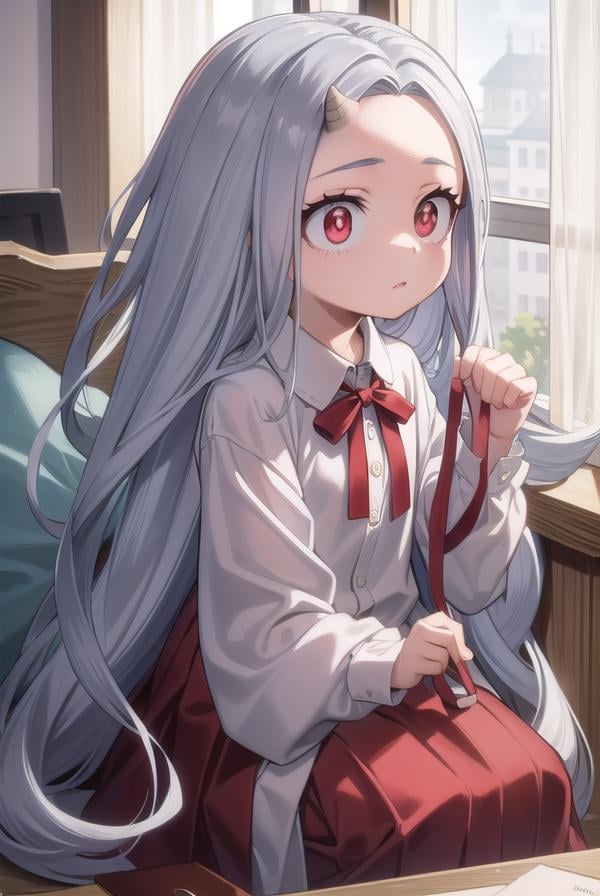 academiaeri, <lyco:eri-lyco-nochekaiser:1>, eri, long hair, (red eyes:1.5), grey hair, horns, child, single horn, female child,BREAK shirt, long sleeves, dress, white shirt, collared shirt, red dress, pleated dress,BREAK looking at viewer,BREAK indoors,BREAK <lyco:GoodHands-beta2:1>, (masterpiece:1.2), best quality, high resolution, unity 8k wallpaper, (illustration:0.8), (beautiful detailed eyes:1.6), extremely detailed face, perfect lighting, extremely detailed CG, (perfect hands, perfect anatomy),