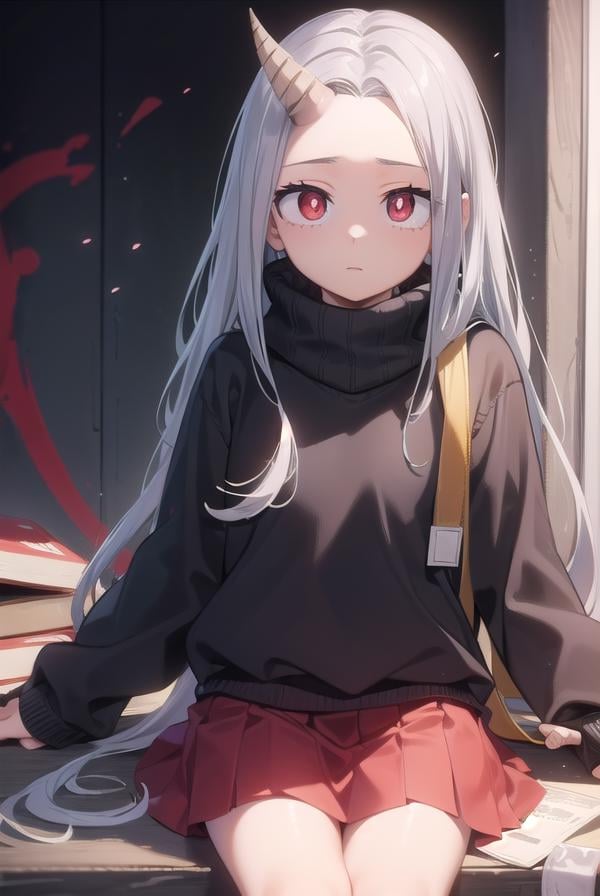 academiaeri, <lyco:eri-lyco-nochekaiser:1>, eri, long hair, (red eyes:1.5), grey hair, horns, child, single horn, female child,BREAK skirt, long sleeves, socks, sweater, red skirt, turtleneck, slippers,BREAK looking at viewer,BREAK indoors,BREAK <lyco:GoodHands-beta2:1>, (masterpiece:1.2), best quality, high resolution, unity 8k wallpaper, (illustration:0.8), (beautiful detailed eyes:1.6), extremely detailed face, perfect lighting, extremely detailed CG, (perfect hands, perfect anatomy),