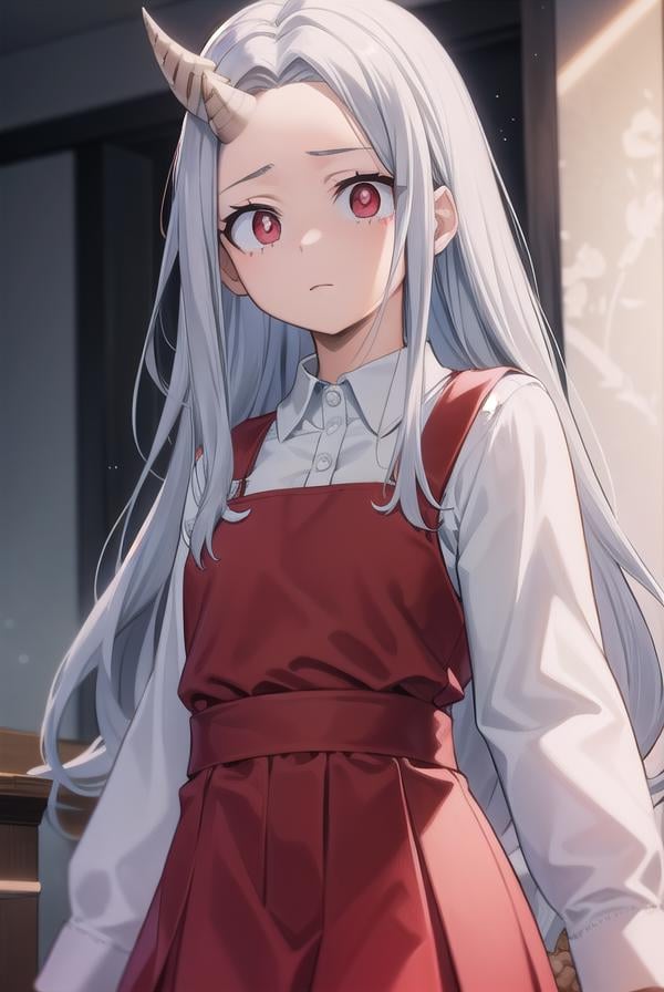 academiaeri, <lyco:eri-lyco-nochekaiser:1>, eri, long hair, (red eyes:1.5), grey hair, horns, child, single horn, female child,BREAK shirt, long sleeves, dress, white shirt, collared shirt, red dress, pleated dress,BREAK looking at viewer,BREAK indoors,BREAK <lyco:GoodHands-beta2:1>, (masterpiece:1.2), best quality, high resolution, unity 8k wallpaper, (illustration:0.8), (beautiful detailed eyes:1.6), extremely detailed face, perfect lighting, extremely detailed CG, (perfect hands, perfect anatomy),