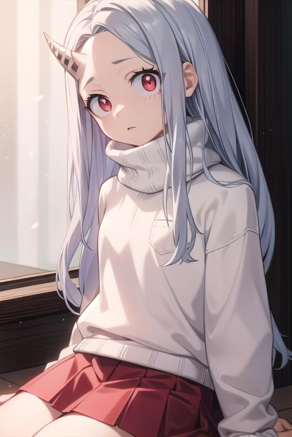 academiaeri, <lyco:eri-lyco-nochekaiser:1>, eri, long hair, (red eyes:1.5), grey hair, horns, child, single horn, female child,BREAK skirt, long sleeves, socks, sweater, red skirt, turtleneck, slippers,BREAK looking at viewer,BREAK indoors,BREAK <lyco:GoodHands-beta2:1>, (masterpiece:1.2), best quality, high resolution, unity 8k wallpaper, (illustration:0.8), (beautiful detailed eyes:1.6), extremely detailed face, perfect lighting, extremely detailed CG, (perfect hands, perfect anatomy),