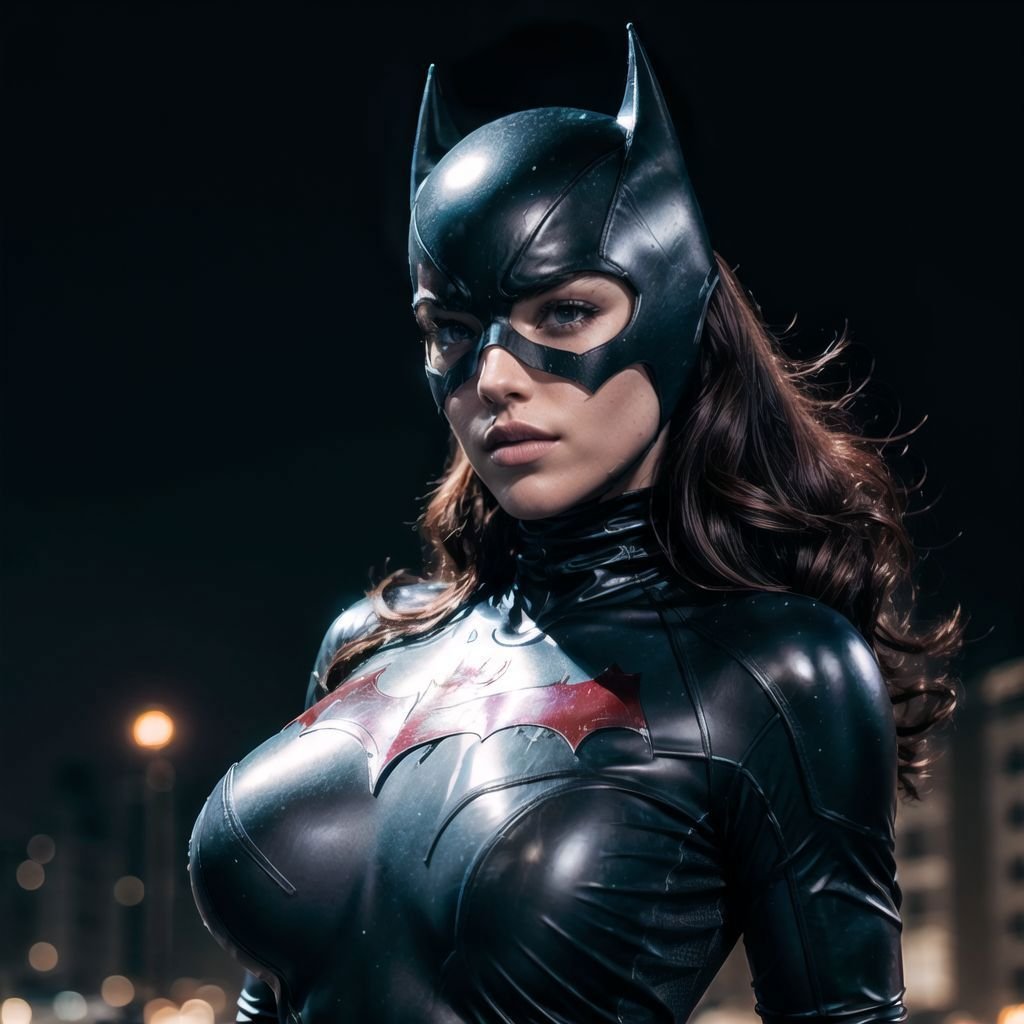 dark scene, (hero shot of a woman wearing a batwoman costume), (skinny body:1.4), night city, (very tight clothes), highest quality, particles, light rain, girl focus, breasts, (large breasts:1.4), night, outdoors, (low neckline:1.5), (mask:1.2), cosmos, dark atmosphere, lightning, detailed background, masterpiece,  moody, (realistic:1.3), (latex combat clothes:1.4), (smirk|flirting:1.2), (parted lips), perfect face, perfect hands, perfect lighting, perfect shading, (realistic fabric texture), volumetric shading, subsurface scattering, hero pose, dynamic pose, dynamic movement, (photorealistic:1.5) <lora:CyberpunkStyleV1:0.7> <lora:Cameltoe:1> <lora:Batgirl:.8> <lora:add_detail:.5> <lora:more_details:.5>