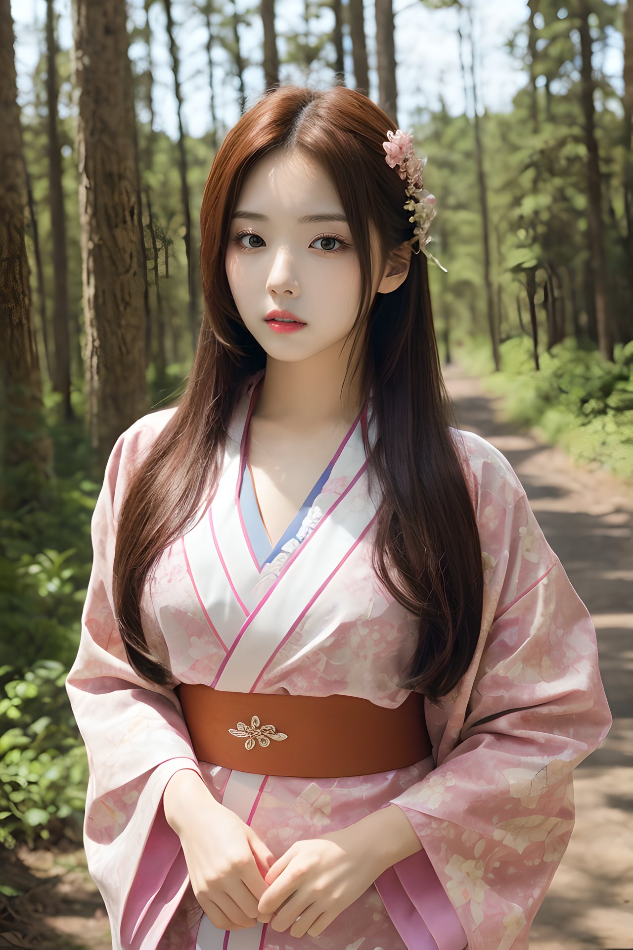 1girl, solo, wearing pink kimono, (pov:1.35), mature body, long hair, standing on forest, detailed face, detailed eyes,