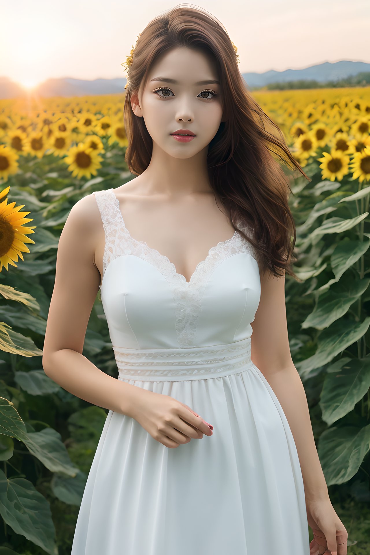 (mature body), (upper body:1.5), nikon RAW photo,8 k, Fujifilm XT3,masterpiece, best quality, realistic, photorealistic, ultra detailed, extremely detailed face, solo,1girl, standing, fashionable and trendy atmosphere, and a stylish expression on her face, close up, (narrow waist), white dress on field of sun flowers,