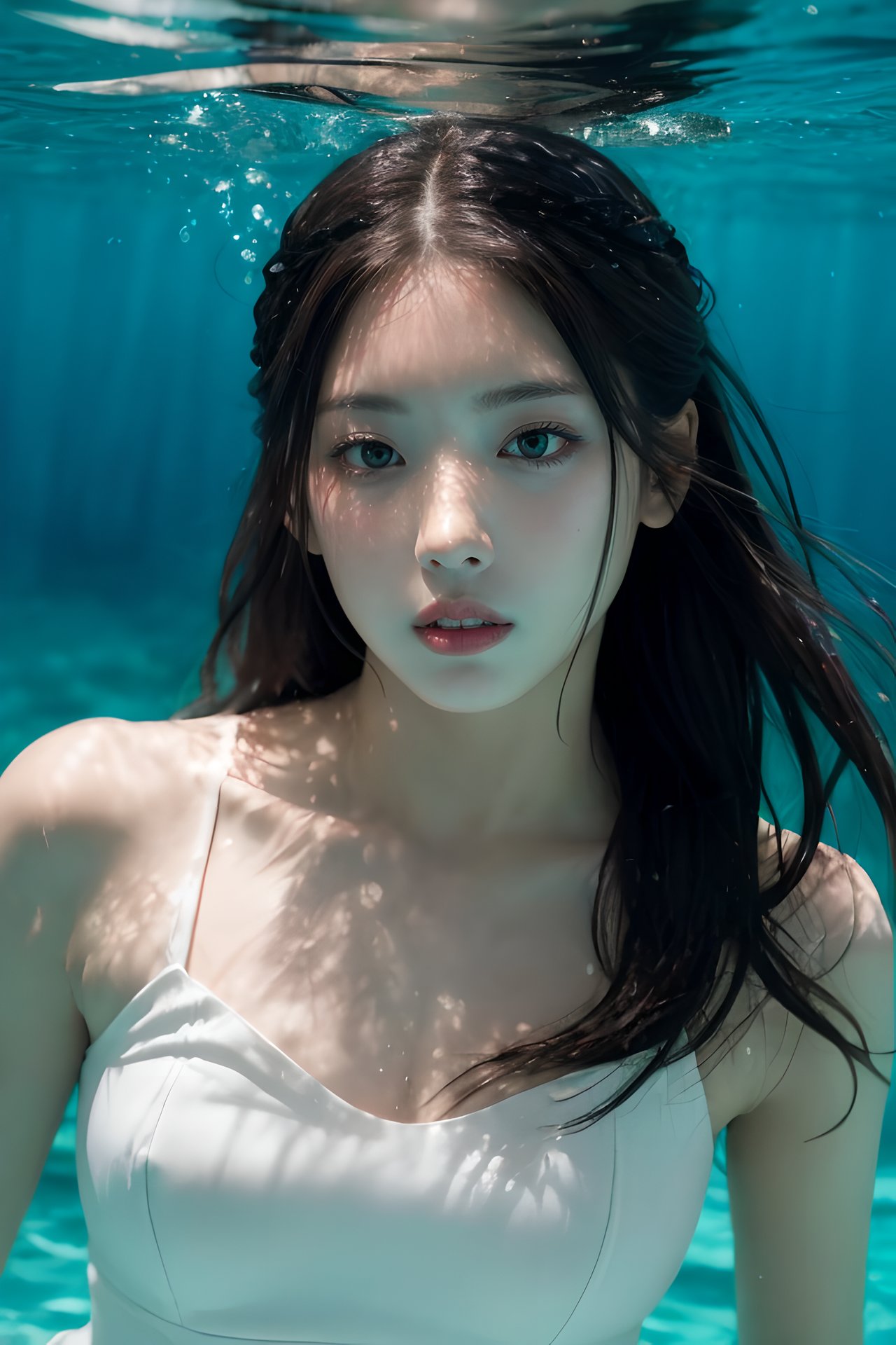 masterpiece, best quality, best shadow, depth of field, photorealistic, hyper realistic, realistic skin texture, ultra detailed, 1 girl, solo, fit body, black hair, perfect face, detailed face, looking at viewer, underwater, (white dress), A shot with tension(Visual impact, giving the image a dynamic and visually striking appearance:1.2), aesthetic pose,(swimming), beautiful coral reef, close up,