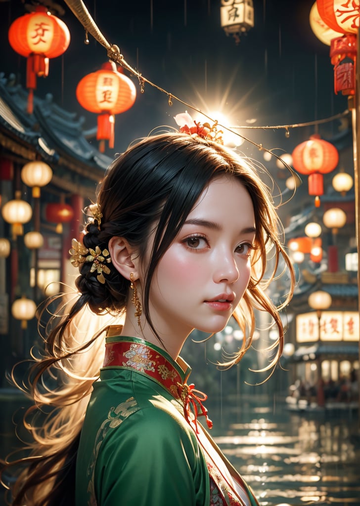 woman,  Chinese amulet stuck on the forehead,  Wonderland floating in the air,  rainy,  china style,  lantern,  Petals fly, <lora:EMS-72029-EMS:0.500000>, , <lora:EMS-17259-EMS:0.400000>
