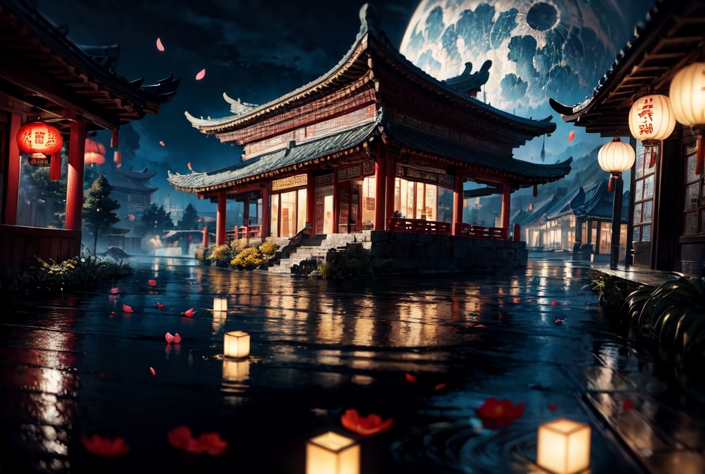 Wonderland floating in the air,  china style,  lantern,  Petals fly and fall on the water,  super fine detail depiction,  high resolution,  abstract beauty,  approaching perfection,  pure form,  intricate details,  8k post production,  high resolution,  hyperdetailed,  trending on artstation,  sharp focus,  intricate details,  highly detailed, <lora:EMS-72029-EMS:0.500000>