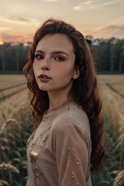 photography of a woman, wearing soviet clothes, in a wheat field, golden hour, vintage, medium close up, ultra detailed, masterpiece, (best quality:1.5), cinematic lighting, ultra hd, high resolution, 4k,