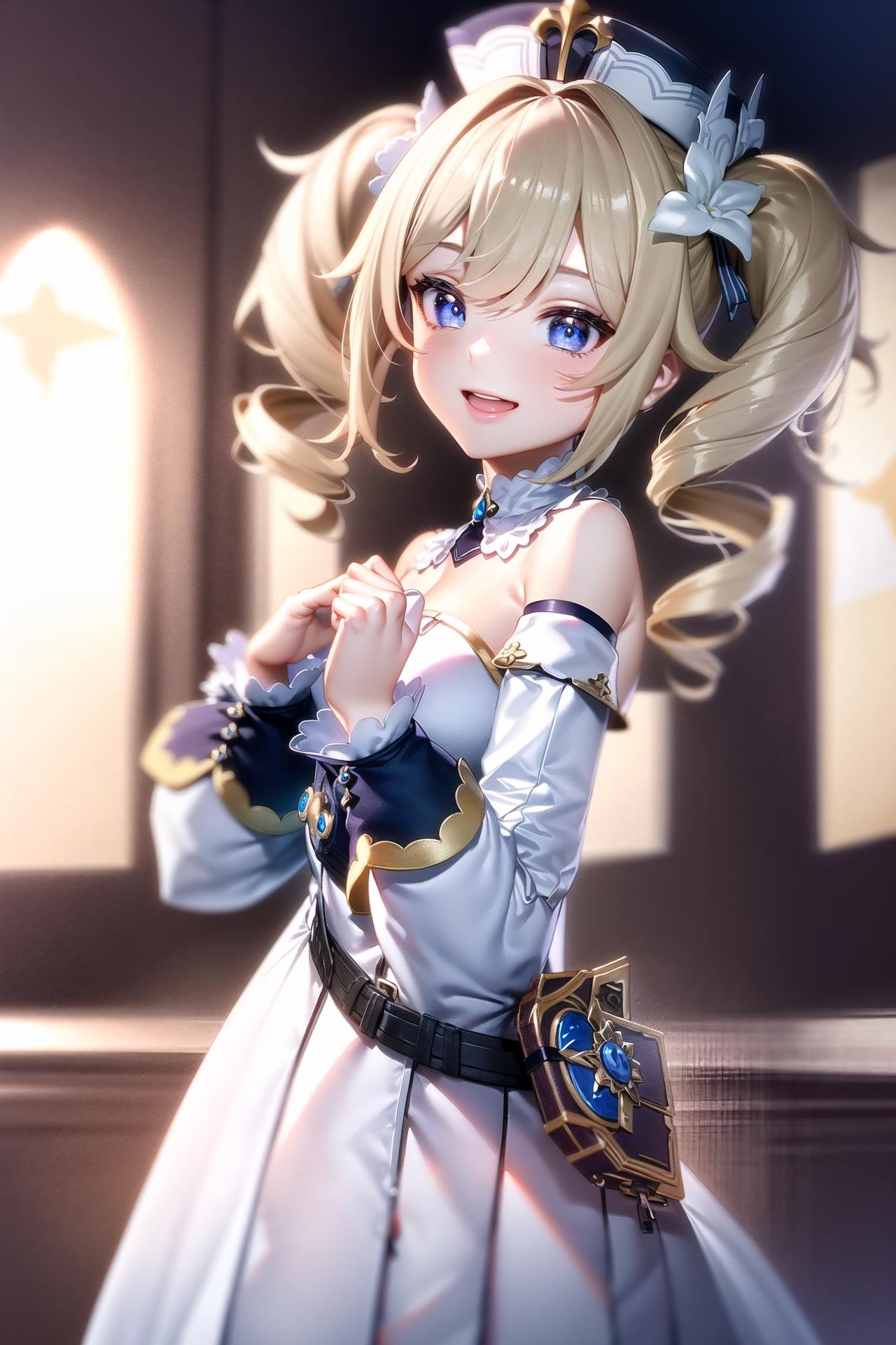 (extremely detailed CG unity 8k wallpaper,masterpiece, best quality, ultra-detailed, beautiful detailed eyes:1.2),high saturation1girl, barbara \(genshin impact\), frilled dress, bare shoulders, blonde hair, twintails, dancing, church, smile, looking at viewer, 