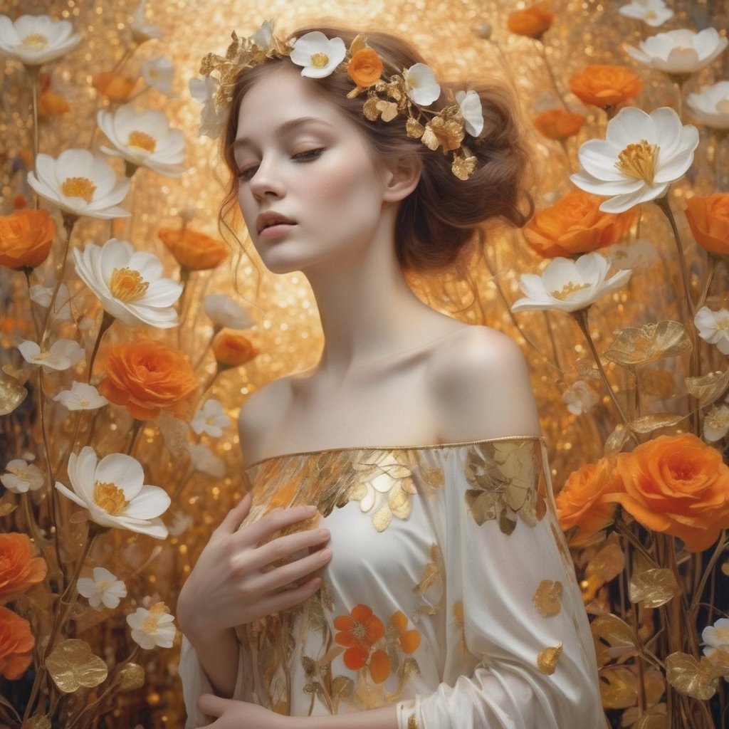 the beauty of the flowers all around you and holographic delicate golden light that gives life, colors in white, gold and orange, style by Klimt
