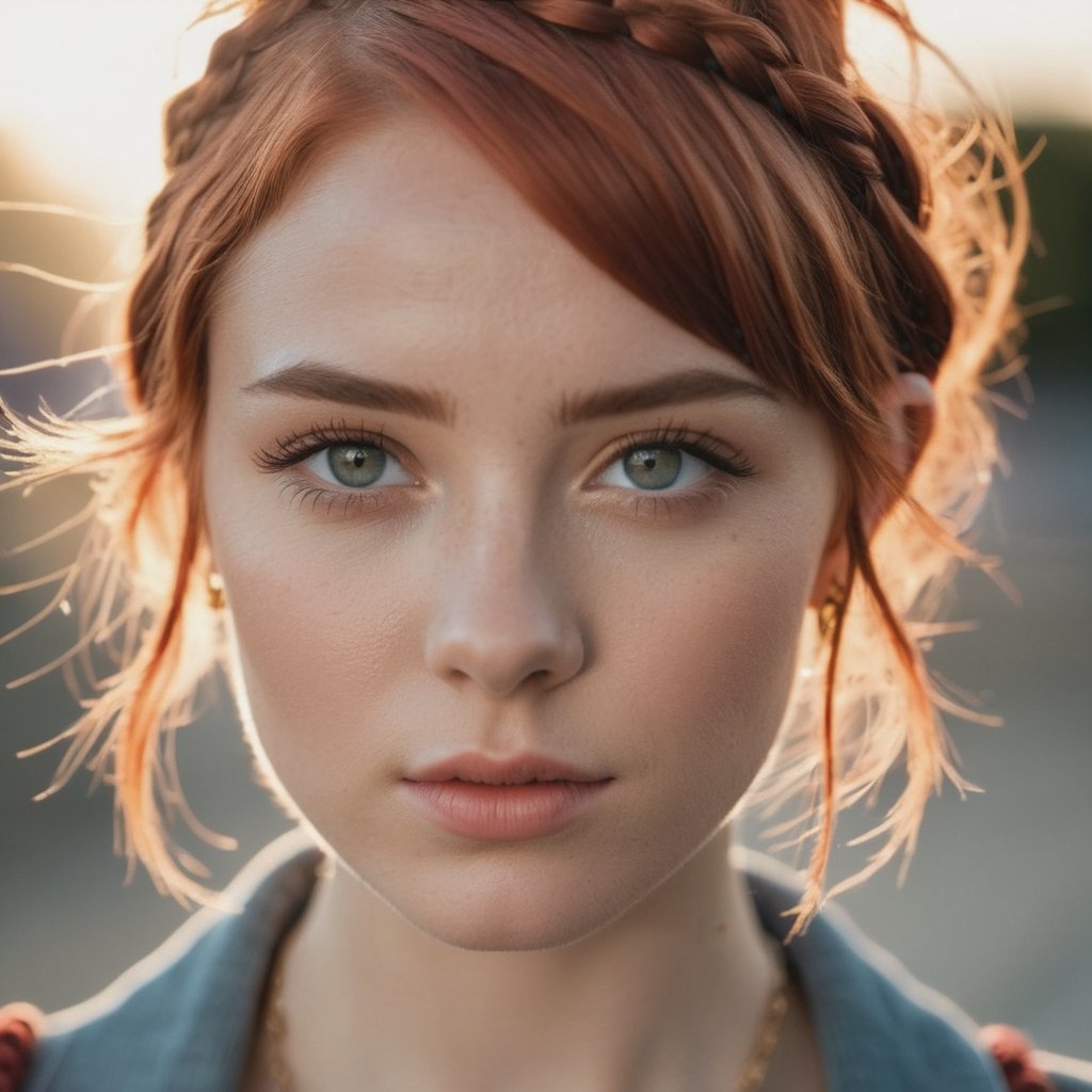 photo of 18 y.o woman, perfect eyes, short red hair, braid, looks at viewer, cinematic shot, hard shadows, RAW candid cinema, 16mm, color graded portra 400 film, remarkable color, ultra realistic, textured skin, remarkable detailed pupils, realistic dull skin noise, visible skin detail, skin fuzz, dry skin, shot with cinematic camera, high quality photography, 3 point lighting, flash with softbox, 4k, Canon EOS R3, hdr, smooth, sharp focus, high resolution, award winning photo, 80mm, f2.8, bokeh
