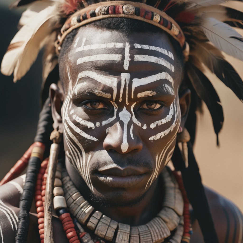 A majestic tribal affrican , adorned with intricate war paint across his face, gazes intently into the distance as if peering into the future. RAW PHOTO, ultra realistic, detailed facial features, cinematic lighting, Fuji superia 400, 80mm, 4k, vibrant.
