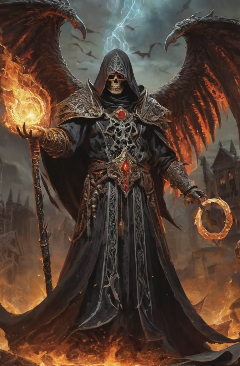 a mighty cursed liche casting a sinisiter spell of immense power, master of the undead horde, bringer of the end, reaper of the living, cursed magic signs, evil magic energy, dark, gritty, masterpiece,highly detailed, photorealistic, high resolution
