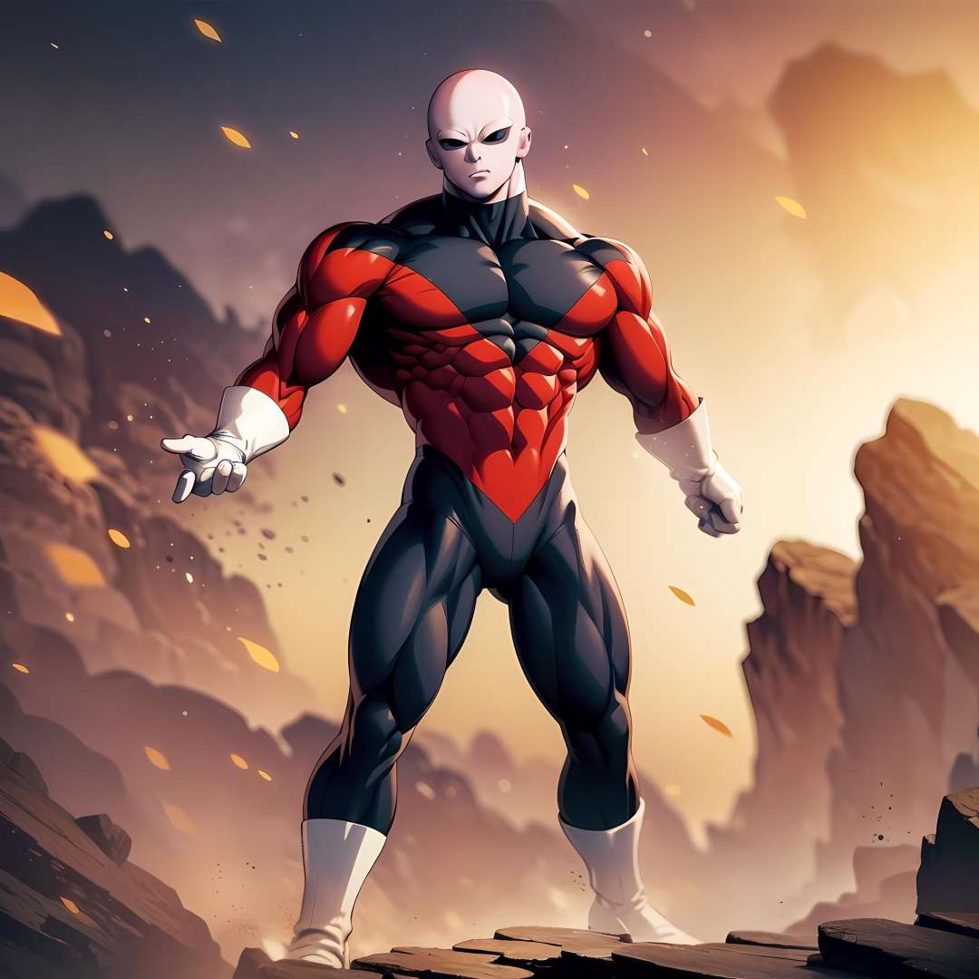 ((masterpiece, best quality)),(complex lighting),solo,1boy, full body, jiren,white gloves,bodysuit,muscular,bald <lora:Jiren_1:0.6>, light particles, dust particles, 