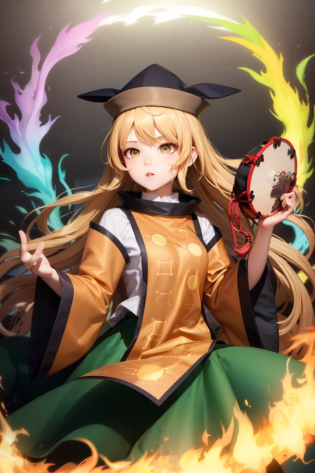 masterpiece, best quality,  <lora:MataraOkina:1>,1girl,hat,long hair,blonde hair, yellow eyes, long sleeves,wide sleeves,detached sleeves, white shirt, tabard, green skirt,constellation print, drum,instrument, aura,energy, transparent background,grey background, 