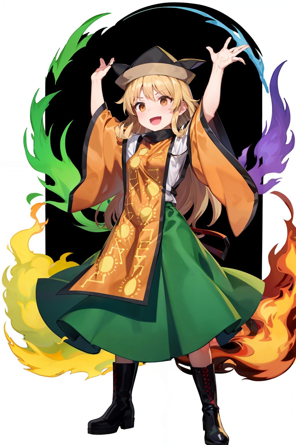 masterpiece, best quality,   <lora:MataraOkina:1>,matara okina,1girl, long hair, alphes (style), style parody, solo, parody, open mouth, full body, blonde hair, wide sleeves, boots, skirt, transparent background, black footwear, tabard, hat, smile, standing, black headwear, detached sleeves, green skirt, shirt, long sleeves, white shirt, bangs, instrument, orange eyes, arms up, aura, brown headwear, :d, constellation print, fire, looking to the side