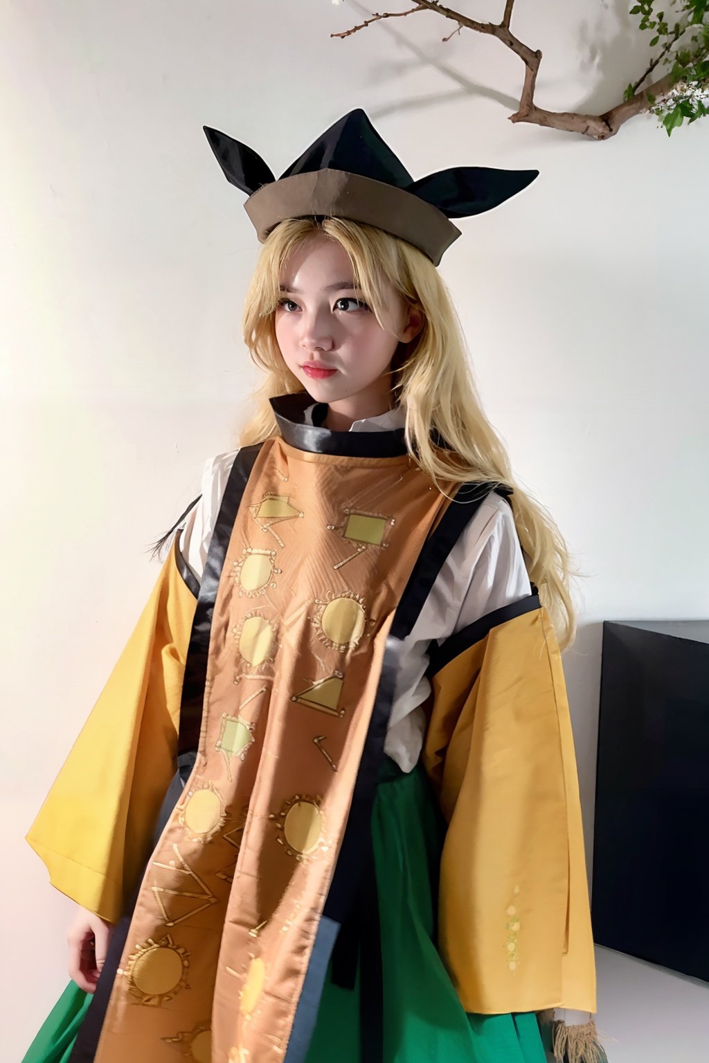 masterpiece, best quality, 8K,realistic, 30yo,mature female,  <lora:MataraOkina:1>,1girl,hat,long hair,blonde hair, yellow eyes, long sleeves,wide sleeves,detached sleeves, white shirt, tabard, green skirt,constellation print, 