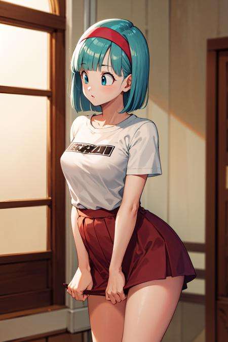 masterpiece, best quality, highres, dragon ball, blmmid, aqua hair, medium hair, blunt bangs, red hairband, medium breasts, shirt, skirt, <lora:bulma_v1:0.7>, cowboy shot, indoors, standing,