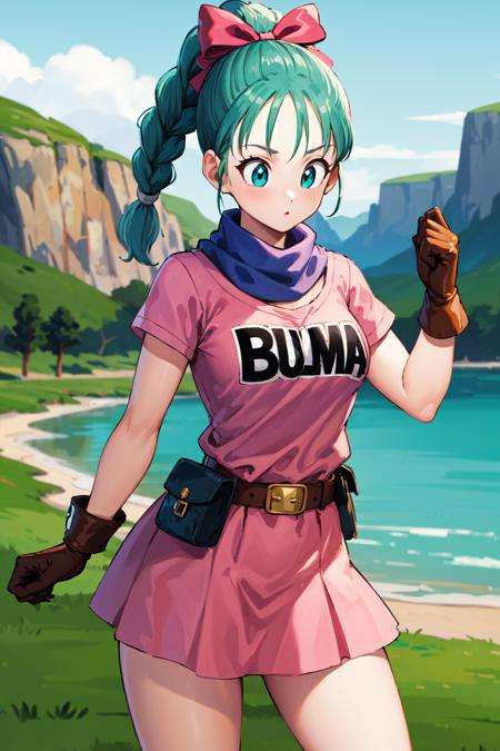 masterpiece, best quality, highres, dragon ball, blmpony, aqua hair, hair ribbon, braided ponytail, pink shirt, belt, scarf, pink skirt, clothes writing, brown gloves, medium breasts, <lora:bulma_v1:0.7>, outdoors, cowboy shot,