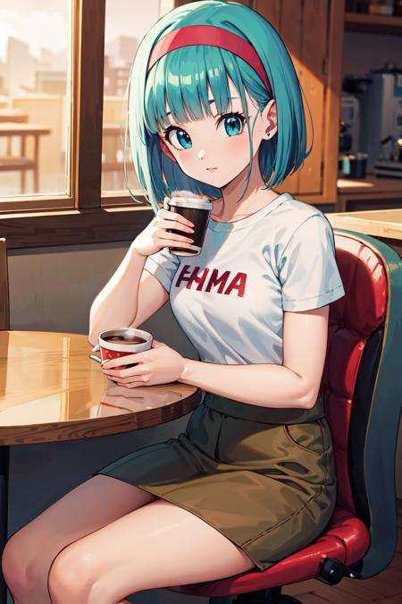 masterpiece, best quality, highres, dragon ball, blmmid, aqua hair, medium hair, blunt bangs, red hairband, medium breasts, shirt, skirt, <lora:bulma_v1:0.7>, cowboy shot, indoors, sitting, holding cup, coffee, looking at viewer, 