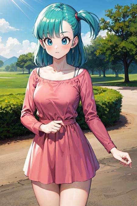 masterpiece, best quality, highres, dragon ball, blmsdup, bulma, aqua hair, one side up, pink dress, long sleeves, collarbone, medium breasts, <lora:bulma_v1:0.7>, outdoors, standing, cowboy shot,