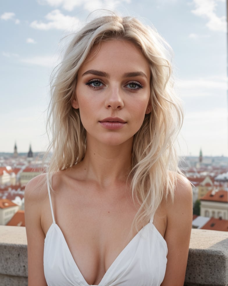 photo of a gorgeous woman),((white messy hair)),(soft even lighting),(prague city behind),((wearing clothes)),detailed face,detailed eyes,((close-up portrait)),masterpiece,((best quality)),(eye contact),looking at the viewer,centred,shot from front,(8K, RAW photo, best quality, masterpiece:1.2),(realistic, photo-realistic:1.4),ultra-detailed (grainy:0.2),smoke acigar,smoke,top,shorts,round face,make up,eyeliner,backlight,