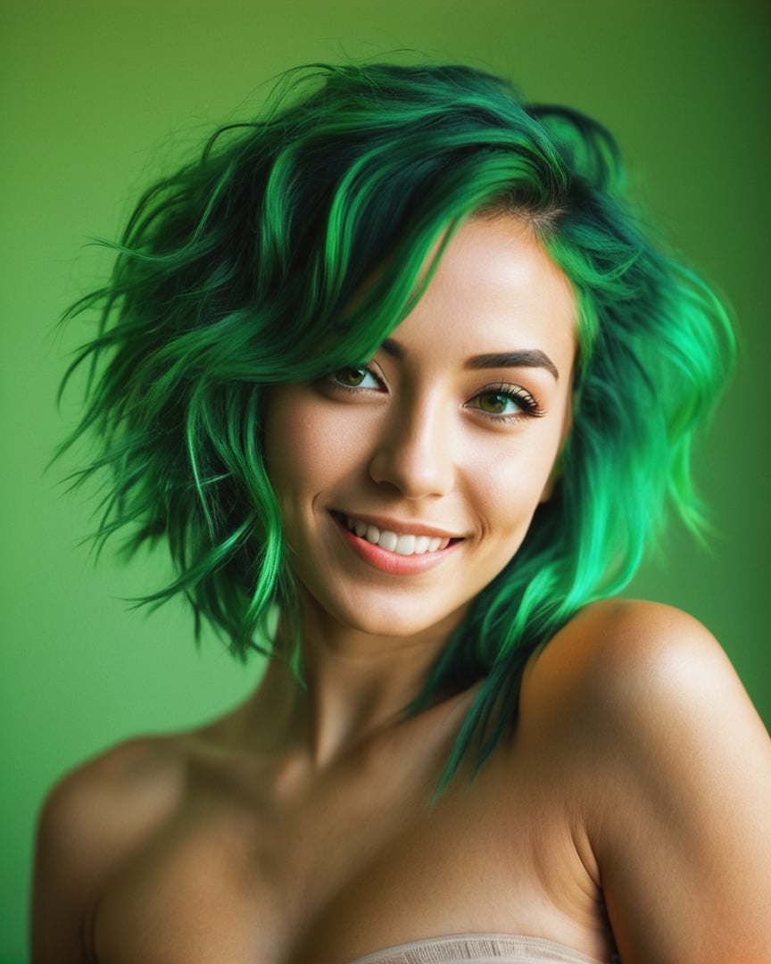 WIDE_SHOT,young woman,GREEN hair,((upper body wide angle action photo, happy)),sexy,masterpiece,ultra-detailed,(naked:1.1),shadows,contrast,analog style (look at viewer:1.2) (skin texture) (film grain:1.3),(warm hue, warm tone:1.2),close up,cinematic light,sidelighting,<lora:LowRA:0.2>,<lora:lora_perfecteyes_v1_from_v1_160:0.7>,dynamic pose,perfecteyes eyes,radiant eyes,light red eyes