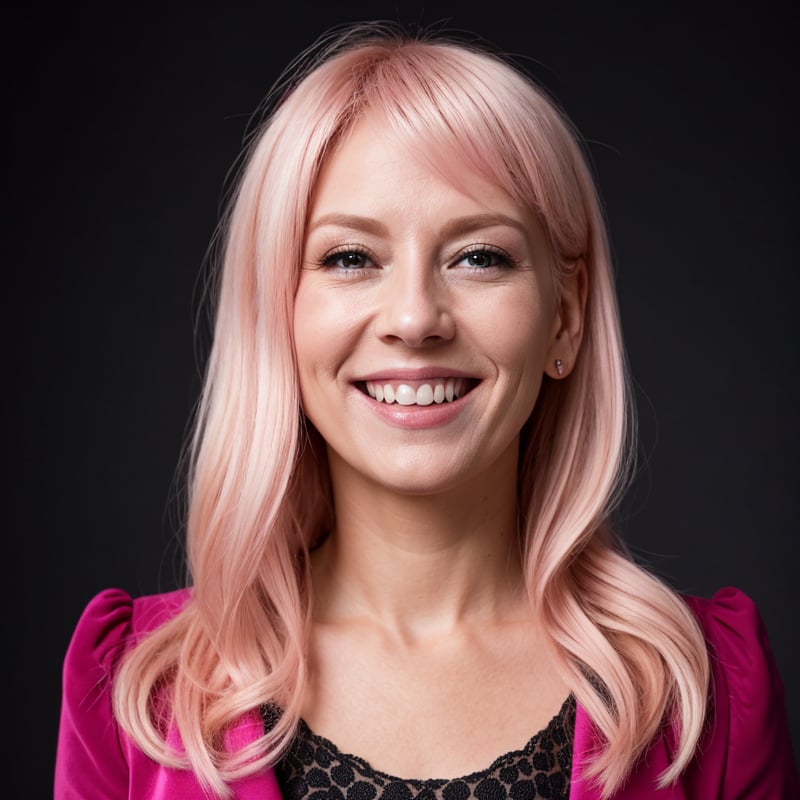 super cute pink blond woman 35 years old in a dark theme,giggling,full_shot,