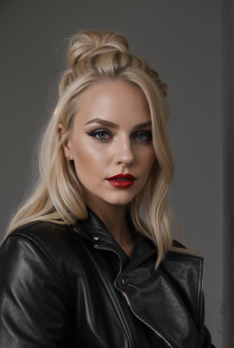 a woman with blonde hair wearing a black leather jacket and a black top knoted in a bun with a black leather jacket,realistic skin details,realistic hair details,makeup,eyeliner,lipstick,(freckles:0.3),red lips:1,eyeliner:0.9,