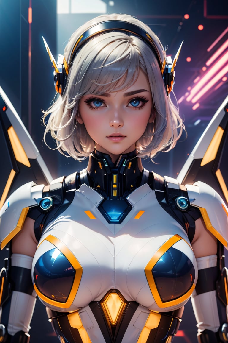 ((((masterpiece, best quality, high resolution)))), Extremely detailed 8K, Beautiful girl with slender body, (Ultra HD, Ultra-detailed, Highly detailed, Highly realistic, Ultra-realistic, photograph realistic), (1girl:1.5), realistic white hair, short wavy hair, bob cut, purple eyes, (large breasts: 1.2), cleavage, mecha musume, (white full body suit), glowing parts, light particles, light energy, mechanical wings, mechanical thrusters, mecha headgear, cyber effect, cyber space, (dynamic pose)