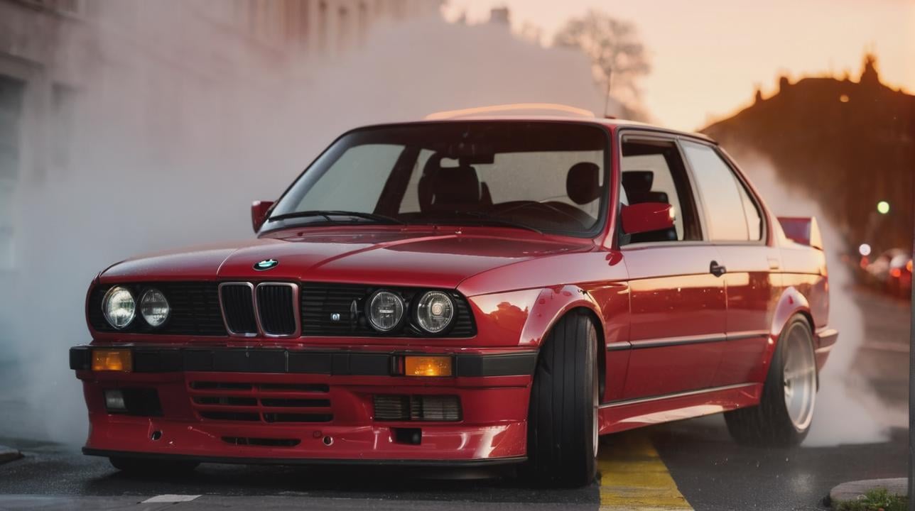 a red car with smoke coming out of it's exhaust pipes on a street,red bmw_e30 in prague night streets,rain,raindrops,dark cinematic,sexy,raw photo,8k,tank top,((masterpiece)),((realistic)),perfect eyes,detailed human skin texture,detailed human face,realistic face,details,realistic hair,details,freckles,skin texture,light reflections,depth of field,light from street lights,seductive light,lead lamps on,backlight,light reflected from shiny surfaces,urban atmosphere,realistic shadows,bokeh,extremely detailed background,glare,surreal,analog photo,photorealism,realistic,8k,natural lighting,realistic details,dramatic lighting,(backlight),professional photography,cinema,Super resolution,16k,realistic skin texture,detail,pore,lighting,extremely detailed background,glare,surreal,neon lights,cinema,Super-res,16k,Fujifilm XT3,neon light,realistic paint,photorealistic physically and optically correct,realistic paint texture,photorealism,cinematic lighting,reflections,reflections of paint,headlights on,lights on,reflected,drive,race,in motion,spinning wheels,fast,light,dark night,neon lights in the background,extremely detailed car,telephoto lens,bokeh,extremely detailed car,extremely detailed background,reflections,unreal engine,raw photo,photorealism,street center,smoke,thresholds,lamps,lights on,rain,fog,light from street light,raindrops,white fog