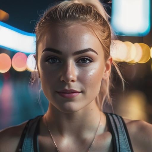 full_shot,1girl,white_skin,adult,skinny,blonde hair,bright_pupils,sportswear,smile,highres,city,raw photo,8k,tank top,night shoot,mysterious,dark street,Prague,night,((dark night)),((masterpiece)),((realistic)),perfect eyes,detailed human skin texture,detailed human face,realistic face,details,realistic hair,details,freckles,skin texture,light reflections,depth of field,light from street lights,seductive light,backlight,light reflected from shiny surfaces,urban atmosphere,realistic shadows,bokeh,extremely detailed background,glare,surreal,analog photo,photorealism,realistic,8k,natural lighting,realistic details,dramatic lighting,(backlight),professional photography,cinema,Super resolution,16k,uhd,cyberpunk city,broken city,neon light,portrait lighting,extremely detailed background,glare,surreal,cinema,Super-res,16k,f1.2,Fujifilm XT3,