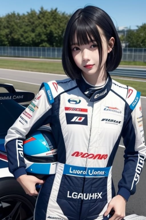 Generate an image of a high school girl with a stylish appearance. She should have short hair, captivating eyes, and an attractive presence. The image should be in high resolution and have the highest image quality. The girl should be standing by a black Lexus IS350 GT300 Base Model '08 race car, wearing an F1 racing suit. Make it look realistic and visually stunning, as if it's a work of art. Place her at a beach circuit on a clear day, and add some automotive stickers for extra flair.