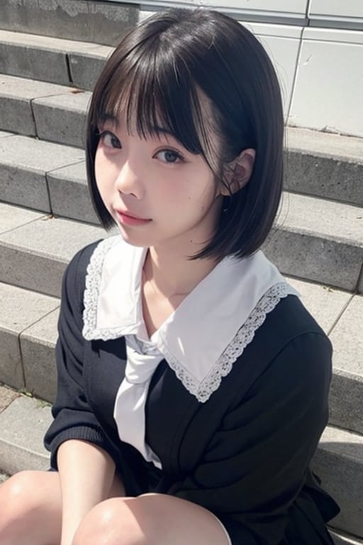 there is a woman sitting on the steps wearing a tie, a hyperrealistic schoolgirl, realistic schoolgirl, hyperrealistic schoolgirl, wearing japanese school uniform, japanese girl school uniform, wearing school uniform, korean girl, japanese school uniform, cute schoolgirl, girl wearing uniform, wearing a school uniform, jk uniform, with short hair, school girl, wearing white shirt