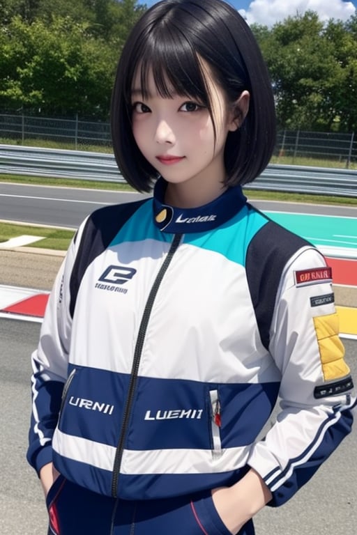 Generate an image of a high school girl with a stylish appearance. She should have short hair, captivating eyes, and an attractive presence. The image should be in high resolution and have the highest image quality. The girl should be standing by a black Lexus IS350 GT300 Base Model '08 race car, wearing an high school girl uniform. Make it look realistic and visually stunning, as if it's a work of art. Place her at a beach circuit on a clear day, and add some automotive stickers for extra flair.