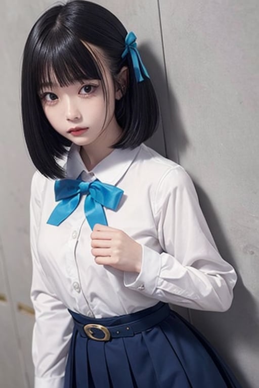 masutepiece, Best Quality, {Best Quality}, {{masutepiece}}, {hight resolution}, Illustration, 1girl in, Inoue Takina, Long hair, Bangs, Black hair, (Purple eyes:1.2), blush, Shirt, Long sleeves, Dress, bow ribbon, School uniform, White shirt, Collared shirt, Belt bag, Neck ribbon, Blue Dress, Green Ribbon, pleated dress, grey dress, two-tone dress, Blue belt, Lycoris Uniform, Looking at Viewer