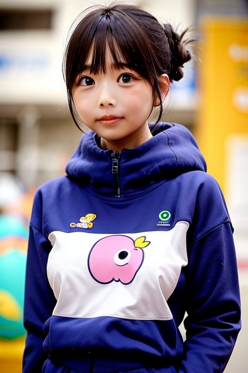 Generate a masterpiece of a beautiful 6-year-old Japanese girl in a kindergarten. It's a full-body portrait, with her standing with a slight smile. She is wearing long pants and a cute off-the-shoulder knit sweatshirt. She has long, black hair, a symmetrical face, realistic features, big bright eyes with double eyelids, an innocent and curious expression. The lighting is soft and natural, against a gray background. She is semi-backlit. Age 6.