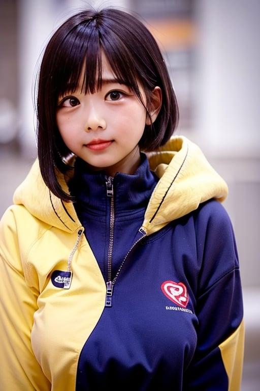 Generate a masterpiece of a beautiful 6-year-old Japanese girl in a kindergarten. It's a full-body portrait, with her standing with a slight smile. She is wearing long pants and a cute off-the-shoulder knit sweatshirt. She has long, black hair, a symmetrical face, realistic features, big bright eyes with double eyelids, an innocent and curious expression. The lighting is soft and natural, against a gray background. She is semi-backlit. Age 6.